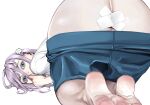  1girl ass barefoot bent_over blue_eyes blue_shorts clothes_pull covering_mouth feet flower from_behind hair_flower hair_ornament hand_on_hip highres inamitsu_shinji long_hair looking_at_viewer looking_back no_panties original purple_eyes purple_hair reward_available shirt shorts shorts_pull simple_background solo tape_on_pussy top-down_bottom-up white_background white_flower white_shirt 