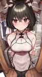  1girl animal_ear_fluff animal_ears bangs bare_arms bare_shoulders black_hair black_hairband black_legwear blurry blurry_background blush box breasts cat_ears china_dress chinese_clothes claw_pose cleavage_cutout clothes_hanger clothing_cutout collarbone commentary_request dress eyebrows_visible_through_hair eyes_visible_through_hair fake_animal_ears fisheye hair_between_eyes hairband highres indoors looking_at_viewer medium_breasts mole mole_on_breast original purple_eyes shirokuma_1231 short_hair side_slit solo sweatdrop thighhighs wooden_floor 