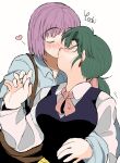  2girls absurdres artist_name bag blush bow bowtie closed_eyes collared_shirt commentary_request earrings green_hair hair_ribbon hatsuseno_alpha heart highres jewelry kagaya_(oshiriudon) kiss long_hair long_sleeves multiple_girls nose_blush pink_hair ponytail ribbon shirt short_hair shoulder_bag simple_background takatsu_kokone vest white_background yokohama_kaidashi_kikou yuri 