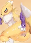  3_fingers ahkin anthro bandai_namco black_sclera blue_eyes blush butt canid canine chest_tuft digimon digimon_(species) disembodied_penis duo female female_focus fingers flat_chested fur genitals hi_res holding_butt looking_back male male/female mammal mostly_nude open_mouth penetration penis pussy renamon sex simple_background tuft vaginal vaginal_penetration white_body white_fur yellow_body yellow_fur 