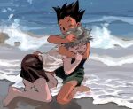  2boys ;d ^_^ ^o^ absurdres beach black_eyes black_hair closed_eyes gon_freecss highres hunter_x_hunter killua_zoldyck male_focus mito_tomiko multiple_boys one_eye_closed playing shorts sleeveless smile spiked_hair white_hair 