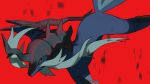  animal_focus beard closed_mouth commentary_request facial_hair fang fang_out highres long_beard looking_up no_humans pokemon pokemon_(creature) red_background red_eyes simple_background solo v_(govvvvw) 