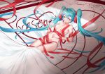  1girl absurdres arm_tattoo bangs blue_eyes blue_hair breasts closed_mouth commentary eyebrows_visible_through_hair hair_ribbon hand_on_own_chest hand_on_own_stomach hatsune_miku heart heart-shaped_pupils highres long_hair looking_at_viewer lying medium_breasts naked_ribbon number_tattoo on_back on_bed pubic_tattoo ribbon rzx0 smile solo stomach symbol-shaped_pupils tattoo twintails under_covers very_long_hair vocaloid 