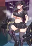  1girl armored_boots bangs black_gloves black_hair black_legwear black_shirt black_skirt blue_eyes blush boots breasts candy chinese_commentary collarbone commentary commentary_request earrings english_commentary food girls&#039;_frontline gloves highres indoors jewelry knee_boots large_breasts lollipop long_hair looking_at_viewer miniskirt navel ouroboros_(girls&#039;_frontline) parted_lips pleated_skirt popoman sangvis_ferri school_uniform serafuku shirt short_sleeves skindentation skirt standing steam thighhighs thighs twintails underboob 