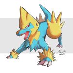  animal_focus blue_fur claws commentary_request fangs full_body highres manectric niiichi_21pk no_humans open_mouth pokemon pokemon_(creature) red_eyes signature solo standing tongue 