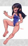  1girl artist_name barefoot black_hair blue_swimsuit breasts brown_eyes competition_swimsuit dark-skinned_female dark_skin fangs full_body hair_ornament hairclip ijiranaide_nagatoro-san joshua_hoppykins long_hair looking_at_viewer nagatoro_hayase one-piece_swimsuit one-piece_tan small_breasts soles solo swimsuit tan tanlines toes 