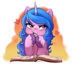  absurd_res angry blue_hair book cross-popping_vein eating eating_paper equid equine female hair hasbro hi_res hooves horn izzy_moonbow_(mlp) mammal marenlicious mlp_g5 my_little_pony purple_eyes solo unicorn 