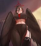  1girl absurdres ach_(user_dmdp4335) arms_behind_back bangs black_hair black_legwear black_shirt black_skirt black_wings blue_archive breasts closed_mouth cowboy_shot crop_top feathered_wings from_below garter_belt hair_between_eyes halo hasumi_(blue_archive) highres large_breasts long_hair looking_away midriff mole mole_under_eye navel shirt skirt solo standing thighhighs wings 