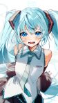  1girl :d arms_behind_back bangs bare_shoulders black_skirt blue_eyes blue_hair blue_necktie blurry blush character_name depth_of_field detached_sleeves eyebrows_visible_through_hair gotou_(nekocat) hair_between_eyes happy hatsune_miku highres long_hair long_sleeves looking_at_viewer nail_polish necktie open_mouth pleated_skirt shirt simple_background skirt sleeveless sleeveless_shirt sleeves_past_wrists smile solo teeth twintails upper_body very_long_hair vocaloid white_background white_shirt wide_sleeves wing_collar 
