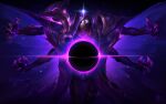  1boy absurdres armor cowboy_shot dark_cosmic_jhin extra_arms highres hood hood_up jhin league_of_legends looking_at_viewer male_focus mask orb pink_eyes shoulder_armor solo space vegacolors 