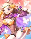  1girl ahoge alternate_costume bangs blonde_hair blush boots breasts cape closed_mouth commentary_request covered_navel detached_sleeves fire_emblem fire_emblem_fates fire_emblem_heroes full_body gradient gradient_clothes grey_eyes hair_ornament hand_up highres leotard lips long_hair looking_at_viewer medium_breasts ophelia_(fire_emblem) shiny shiny_hair shiny_skin simple_background smile solo standing thigh_boots thighhighs yoshio1107lin 