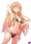  1girl armpits bikini blush breasts choker ear_piercing kitagawa_marin long_hair looking_at_viewer navel open_mouth piercing red_eyes signature simple_background smile solo sono_bisque_doll_wa_koi_wo_suru swimsuit white_background zetsuki_(theendoftheworid) 