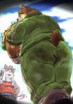  anthro butt clothing dirty_clothing duo eyewear farmer food fruit glasses green_clothing hikoero777 lifewonders low-angle_view male mammal outside plant pumpkin sitri tokyo_afterschool_summoners ursid video_games volos 