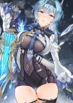  1girl bangs between_breasts black_gloves black_hairband black_shorts blue_hair blue_necktie bodysuit breasts butterfly_hair_ornament clothing_cutout covered_navel cowboy_shot eula_(genshin_impact) genshin_impact gloves hair_ornament hairband half-closed_eyes highres holding holding_sword holding_weapon ice_shard large_breasts long_hair looking_at_viewer mofumoffua necktie parted_lips purple_eyes short_shorts shorts shoulder_cutout simple_background solo sword thighs vision_(genshin_impact) weapon 