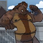  1:1 2022 anthro belly bottomwear brown_body brown_fur building carrying clothing cloud detailed_background didelphid dippubear duo fur hi_res humanoid_hands hyaenid macro male mammal marsupial moobs nipples outside overweight overweight_male pants shirt size_difference topwear 