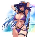  1girl :d aa-rance akiyama_rinko armpits arms_behind_head arms_up bangs bikini blue_hair breasts cowboy_shot hair_between_eyes highres large_breasts legs_together long_hair looking_at_viewer navel open_mouth purple_bikini purple_eyes revision sheath sheathed side-tie_bikini smile standing stomach swimsuit sword taimanin_(series) taimanin_yukikaze thigh_strap very_long_hair water_drop weapon wet wet_clothes wet_swimsuit 