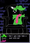  2022 anthro blush blush_lines brick_wall chair clothing deltarune dialogue english_text eyewear furniture gesture glasses green_clothing male mii2sii on_chair pointing pointing_down pokesiimii ralsei robe scarf sitting sitting_on_chair smile smirk solo spread_legs spreading text text_box tucked_legs undertale_(series) video_games wall_(structure) 