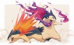  border closed_mouth commentary_request fangs fire hisuian_typhlosion no_humans onishi open_mouth pokemon pokemon_(creature) purple_fire red_eyes smile smoke tongue typhlosion white_border 