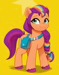  badge bag braided_hair braided_ponytail earth_pony equid equine female hair hasbro hi_res horse mammal marenlicious mlp_g5 multicolored_body my_little_pony pony purple_hair shoulder_bag solo sunny_starscout_(mlp) 