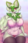  2022 5_fingers anthro clothed clothing complextree digital_media_(artwork) female fingers front_view hi_res legwear looking_at_viewer nintendo pok&eacute;mon pok&eacute;mon_(species) solo sprigatito video_games 