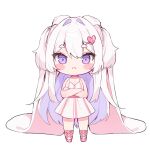  1girl :&lt; animal_ears bangs blush_stickers cheli_(kso1564) chibi closed_mouth commentary_request crossed_arms dress eyebrows_visible_through_hair floppy_ears full_body hair_between_eyes hair_intakes hair_ornament hairclip heart heart_hair_ornament large_ears looking_at_viewer multicolored_hair original pink_footwear purple_eyes purple_hair rabbit_ears shoes short_eyebrows simple_background sleeveless sleeveless_dress solo standing striped striped_dress thick_eyebrows two-tone_hair vertical-striped_dress vertical_stripes white_background white_dress white_hair x_hair_ornament 