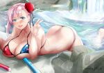  absurdres american_flag_bikini ass bikini blue_eyes blush breasts butt_crack eyebrows_visible_through_hair fate/grand_order fate_(series) flag_print highres huge_breasts looking_at_viewer lying miyamoto_musashi_(fate) miyamoto_musashi_(swimsuit_berserker)_(fate) on_stomach pink_hair swimsuit tnolize water waterfall 