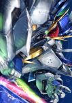  beam_saber commentary energy_sword glowing glowing_eyes green_eyes gundam gundam_hathaway&#039;s_flash highres looking_at_viewer mecha mobile_suit motion_blur no_humans noir_(nowaru) open_hand pov science_fiction solo sword v-fin weapon xi_gundam 