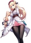  1girl :d agnes_claudel bag bangs belt belt_buckle black_legwear blonde_hair blue_eyes breasts brown_belt buckle commentary_request eiyuu_densetsu eyebrows_visible_through_hair feet_out_of_frame hair_between_eyes hand_up highres jacket kuro_no_kiseki long_hair long_sleeves looking_at_viewer medium_breasts pantyhose pink_sweater ribbed_sweater ririko_(zhuoyandesailaer) shoulder_bag simple_background sleeves_past_wrists smile solo standing sweater sweater_vest very_long_hair white_background white_jacket 