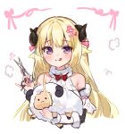  1girl :q animal animal_ears bangs bare_shoulders blonde_hair blush cheli_(kso1564) closed_mouth commentary_request curled_horns dress eyebrows_visible_through_hair hair_ornament hairclip highres holding holding_animal hololive horns long_hair purple_eyes scissors sheep_ears sheep_girl sheep_horns simple_background sleeveless sleeveless_dress smile solo tongue tongue_out tsunomaki_watame upper_body very_long_hair virtual_youtuber white_background white_dress 