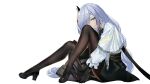  1girl absurdres blue_eyes capelet frilled_sleeves frills full_body genshin_impact gloves hair_over_one_eye highres long_hair long_sleeves looking_at_viewer pantyhose shenhe_(genshin_impact) simple_background skirt smile srpzk white_background white_hair 