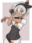  1girl bangs bea_(pokemon) black_bodysuit black_hairband bodysuit bodysuit_under_clothes bow_hairband closed_mouth collared_shirt commentary_request dark-skinned_female dark_skin eyelashes gloves grey_eyes grey_hair hair_between_eyes hairband highres koniko_(525lj) pokemon pokemon_(game) pokemon_swsh print_shirt print_shorts shirt short_hair short_sleeves shorts single_glove solo stretch 