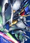  beam_saber commentary energy_sword glowing glowing_eyes green_eyes gundam gundam_hathaway&#039;s_flash highres looking_at_viewer mecha mobile_suit no_humans noir_(nowaru) open_hand pov science_fiction solo sword v-fin weapon xi_gundam 