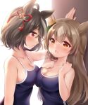  2girls ahoge animal_ears arm_up asymmetrical_docking bangs bare_arms bare_shoulders black_hair blue_swimsuit blush breast_press breasts brown_eyes brown_hair cleavage closed_mouth collarbone commentary_request eye_contact eyebrows_visible_through_hair grey_hair hair_between_eyes horse_ears kabedon kitasan_black_(umamusume) large_breasts long_hair looking_at_another medium_breasts multicolored_hair multiple_girls nikoo one-piece_swimsuit open_mouth profile red_eyes satono_diamond_(umamusume) school_swimsuit streaked_hair sweat swimsuit twintails two-tone_hair two_side_up umamusume upper_body very_long_hair yuri 