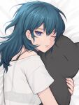  1girl bangs banned_artist bare_shoulders bed_sheet blue_eyes blue_hair bra byleth_(fire_emblem) byleth_(fire_emblem)_(female) commentary_request fire_emblem fire_emblem:_three_houses highres holding holding_stuffed_toy long_hair looking_at_viewer object_hug off-shoulder_shirt off_shoulder one_eye_closed parted_lips see-through shimizu_akina shirt short_sleeves solo stuffed_toy underwear upper_body white_shirt 