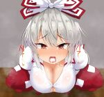  1girl bangs blurry blurry_background blush bow breasts button_gap cleavage cum cum_in_mouth facial from_above fujiwara_no_mokou full-face_blush furrowed_brow hair_bow hair_ribbon haruka_(haruka_channel) highres indoors juliet_sleeves large_breasts long_hair long_sleeves looking_at_viewer open_mouth pants puffy_sleeves red_pants ribbon shirt silver_hair solo squatting tearing_up teeth tongue touhou tress_ribbon tsurime wall white_bow white_shirt wooden_floor 