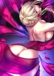  1girl akeyama_kitsune arched_back artoria_pendragon_(fate) artoria_pendragon_(lancer_alter)_(fate) ass back blonde_hair braid breasts fate/grand_order fate_(series) french_braid hair_between_eyes large_breasts long_hair looking_at_viewer mouth_hold nude red_ribbon ribbon sidelocks yellow_eyes 