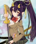  1girl black_hair bow ei_(a_a_wasabi) hair_ribbon highres holding holding_sword holding_weapon horns keychain long_hair looking_at_viewer multiple_swords oni oni_horns ponytail ribbon school_uniform sidelocks simple_background skirt smile solo suzuka_(housamo) sword tokyo_afterschool_summoners twitter_username upper_body weapon yellow_eyes yellow_horns 