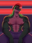  alligator alligatorid anthro bedroom_eyes cherrii_pop crocodilian eyebrow_piercing facial_piercing five_nights_at_freddy&#039;s five_nights_at_freddy&#039;s:_security_breach grin hair lip_piercing lip_ring male mastectomy_scar montgomery_gator_(fnaf) mood_lighting muscular narrowed_eyes nipple_piercing nipples pecs piercing reptile scales scalie scar scottgames seductive smile solo sweatpants video_games 