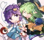  2girls :d black_eyes black_hairband black_headwear blouse blue_blouse blush buttons closed_eyes commentary eyebrows_visible_through_hair frilled_shirt_collar frilled_sleeves frills glomp green_hair green_skirt hair_between_eyes hair_ornament hairband happy hat hat_ribbon heart heart_button heart_hair_ornament heart_of_string hug komeiji_koishi komeiji_satori long_sleeves looking_at_another medium_hair multiple_girls nose_blush open_mouth pink_skirt purple_eyes purple_hair ribbon ribbon_trim siblings simple_background skirt smile third_eye tongue touhou uisu_(noguchipint) upper_body wavy_hair white_background wide_sleeves yellow_blouse yellow_ribbon 