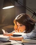  1girl blurry blurry_background book brown_eyes brown_hair closed_mouth head_rest highres holding holding_phone lamp lips medium_hair phone sam_yang studying 