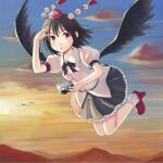  1girl :o belt bird_wings black_belt black_hair black_ribbon black_skirt black_wings blush bobby_socks buttons camera collared_shirt commentary_request feathered_wings flying frilled_skirt frills geta hat holding holding_camera mountain outdoors pom_pom_(clothes) puffy_short_sleeves puffy_sleeves red_eyes red_footwear rhian-non ribbon shameimaru_aya shirt short_hair short_sleeves skirt socks sunset tassel tengu tengu-geta tokin_hat touhou white_legwear white_shirt wings 