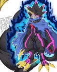  absurd_res anthro bandai_namco belt black_body black_sclera blue_fire butt cape cheesoart clothing colored_fire digimon digimon_ghost_game fire grusgammamon hi_res horn male scalie solo 