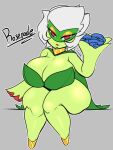  big_breasts breasts cleavage clothed clothing female green_body grey_background hi_res huge_breasts jyto nintendo pok&eacute;mon pok&eacute;mon_(species) roserade simple_background solo thick_thighs video_games 