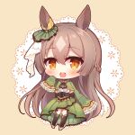  1girl :d animal_ears bangs black_legwear blush boots braid brown_background brown_eyes brown_hair center_frills chibi commentary_request doily eyebrows_visible_through_hair frilled_sleeves frills full_body green_jacket green_skirt hair_between_eyes horse_ears jacket long_hair long_sleeves looking_at_viewer multicolored_hair pleated_skirt satono_diamond_(umamusume) shirt skirt sleeves_past_fingers sleeves_past_wrists smile solo teeth thighhighs thighhighs_under_boots two-tone_hair umamusume upper_teeth very_long_hair white_footwear white_shirt yukiyuki_441 
