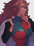  1girl android_21 blue_eyes breasts checkered_clothes checkered_dress dragon_ball dragon_ball_fighterz dress earrings glasses grey_background hoop_earrings jewelry kemachiku labcoat long_hair looking_away medium_breasts parted_lips red_hair ring simple_background solo upper_body 