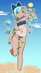  1girl ;&lt; aqua_eyes aqua_hair arm_at_side arm_up armpit_crease bangs bare_arms bare_legs bare_shoulders beach blue_bow blue_sky blush bow bright_pupils casual_one-piece_swimsuit cirno closed_mouth cloud covered_navel day detached_wings english_commentary eyebrows_visible_through_hair flat_chest flower full_body furrowed_brow gris_swimsuit hair_bow half-closed_eyes hot leaf leg_up legs looking_away looking_to_the_side meme_attire morning_glory navel no_nose one-piece_swimsuit one_eye_closed organsoup outdoors outline pink_flower plant pointy_ears sand see-through see-through_swimsuit shore short_hair sky solo standing stomach strapless strapless_swimsuit summer sun sweat swept_bangs swimsuit tan tanned_cirno touhou vines white_outline white_pupils wings wiping_forehead wiping_sweat 