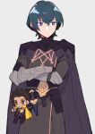 1boy armor bangs black_armor black_cape black_gloves blue_hair byleth_(fire_emblem) byleth_(fire_emblem)_(male) cape character_doll claude_von_riegan closed_mouth crossed_arms dagger do_m_kaeru doll expressionless eyebrows_visible_through_hair fire_emblem fire_emblem:_three_houses gauntlets gloves grey_background hair_between_eyes knife looking_away male_focus purple_eyes sheath sheathed short_hair simple_background weapon 