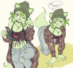  2022 all_fours anthro anthrofied ashleyloob baggy_clothing bags_under_eyes beanie bottomwear bracelet breasts camisole choker cleavage clothed clothing denim denim_clothing digital_media_(artwork) ear_piercing eyebrow_piercing facial_piercing felid feline female flannel flannel_shirt front_view fur green_body green_fur green_hair hair hat headgear headwear hi_res invalid_tag jeans jewelry looking_at_viewer mammal midriff mouth_closed multiple_piercings navel necklace nintendo off_shoulder one_eye_closed open_mouth pants piercing pok&eacute;mon pok&eacute;mon_(species) pok&eacute;morph raised_tail red_eyes simple_background smug solo sprigatito standing tired_eyes tomboy topwear torn_bottomwear torn_clothing torn_jeans torn_pants video_games white_background wink 