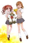  2girls :3 :d ^_^ absurdres bow bowtie brown_eyes brown_footwear brown_hair brown_sailor_collar closed_eyes collared_shirt dress_shirt eyebrows_visible_through_hair floating_hair flower full_body grey_skirt hair_bow hair_flower hair_ornament highres hiyamizu_yukie holding loafers long_hair looking_at_another miniskirt misaka_mikoto multiple_girls pleated_skirt red_bow red_bowtie sailor_collar school_uniform serafuku shiny shiny_hair shirai_kuroko shirt shoes short_hair short_sleeves skirt smile socks standing sweater_vest toaru_kagaku_no_railgun toaru_majutsu_no_index tokiwadai_school_uniform twintails white_background white_flower white_legwear white_shirt wing_collar yellow_flower 