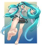  1girl 39 aqua_eyes aqua_hair ass bangs bare_legs bare_shoulders barefoot belt blue_necktie border breasts detached_sleeves eiji_(eiji) eyebrows_visible_through_hair feet foot_focus foreshortening hair_between_eyes hair_ribbon hatsune_miku highres large_breasts long_hair looking_at_viewer multicolored_background nail_polish necktie open_mouth ribbon soles solo tail thighs toenail_polish toenails toes twintails vocaloid white_border wide_sleeves 